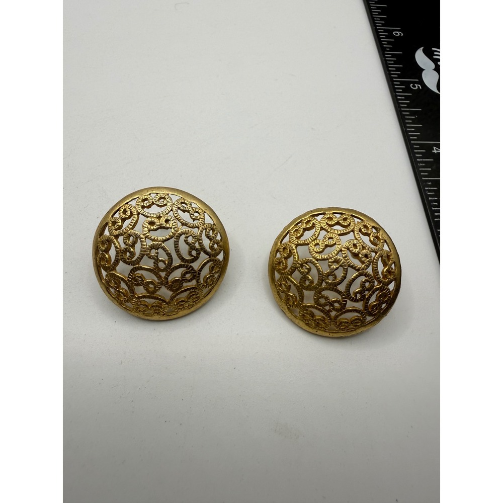 Vintage Gold Tone Filigree Dome Stud Earrings Openwork Scroll Circular Statement